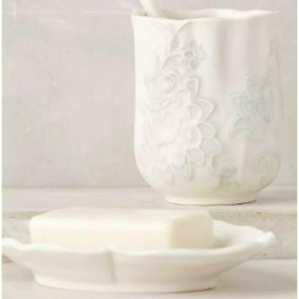 Anthropologie Morning Mist bathroom tumbler and soap dish (floral / white/sage)